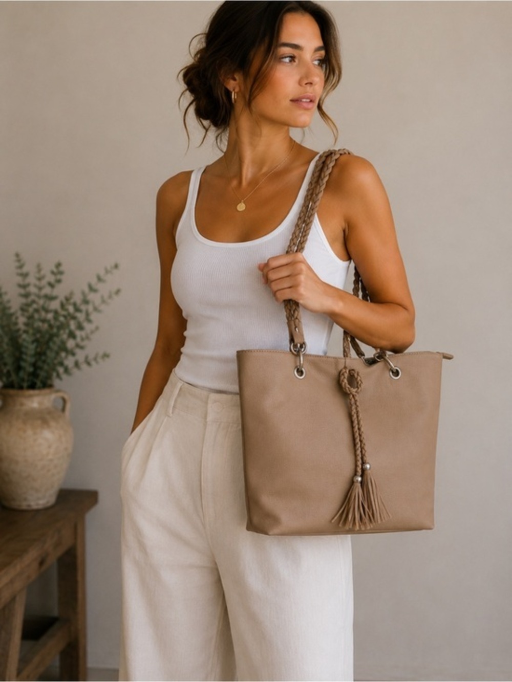 Taupe Faux leather tote